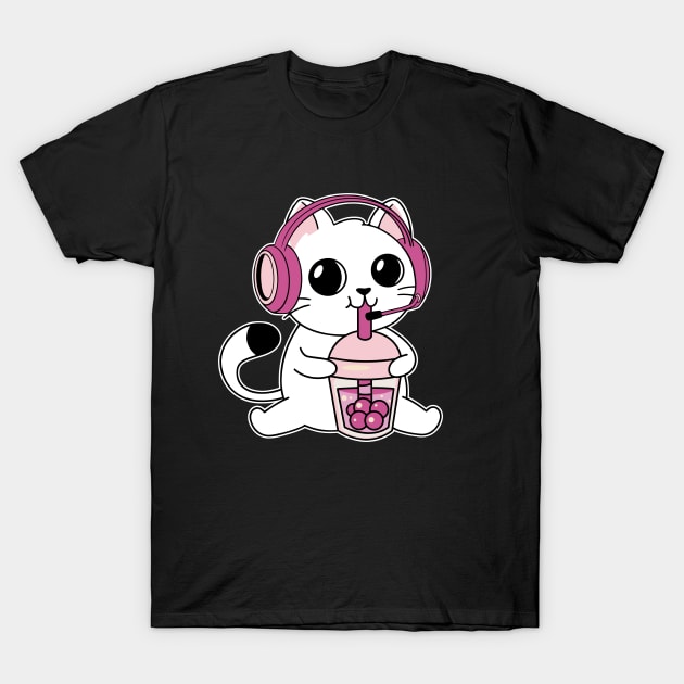 Gamer Cat Drinking Bubble Tea T-Shirt by Bruno Pires